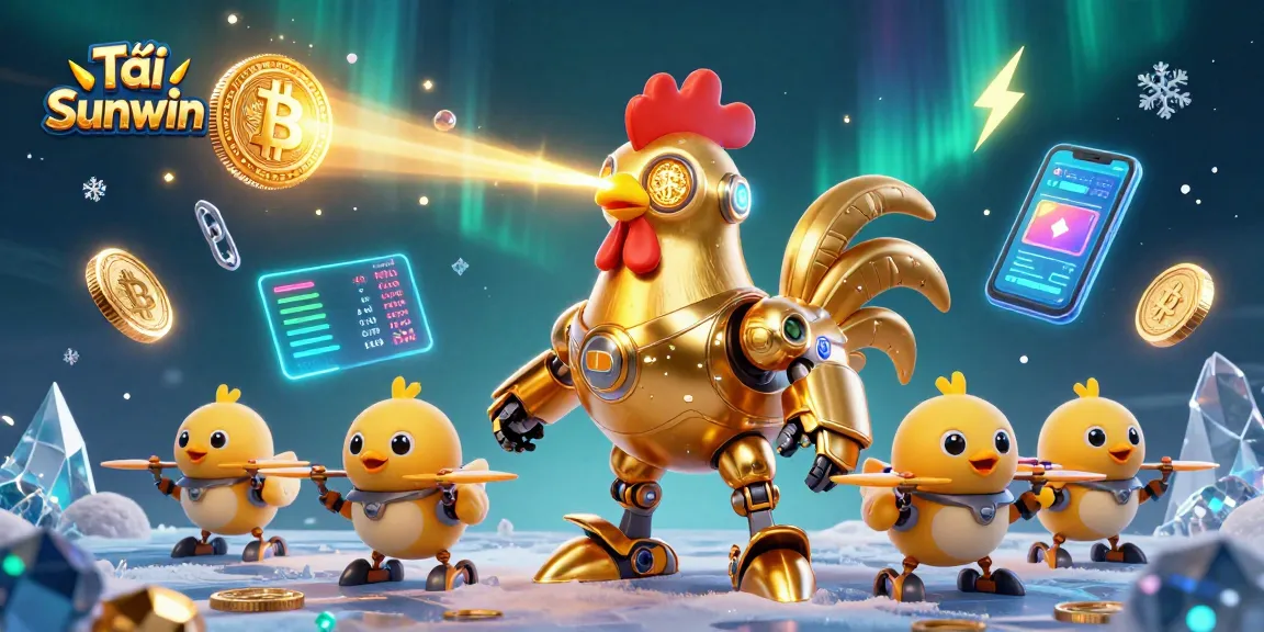 Tải Sunwin by navigating through the vibrant 3D casino world with a golden rooster robot and baby chick drones.