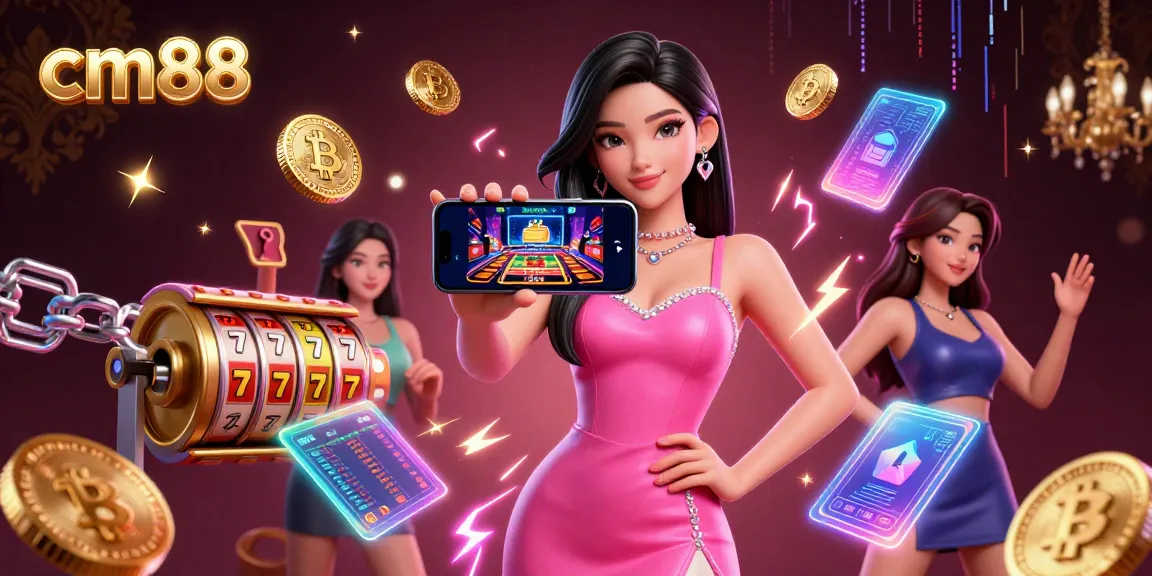 Experience cm88 with a vibrant Asian woman showcasing a live dealer game on her smartphone amidst dazzling casino elements.