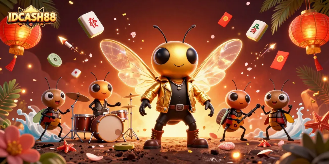 Experience IDCASH88’s vibrant gaming world with a 3D cartoon cicada rock star and dynamic casino elements.