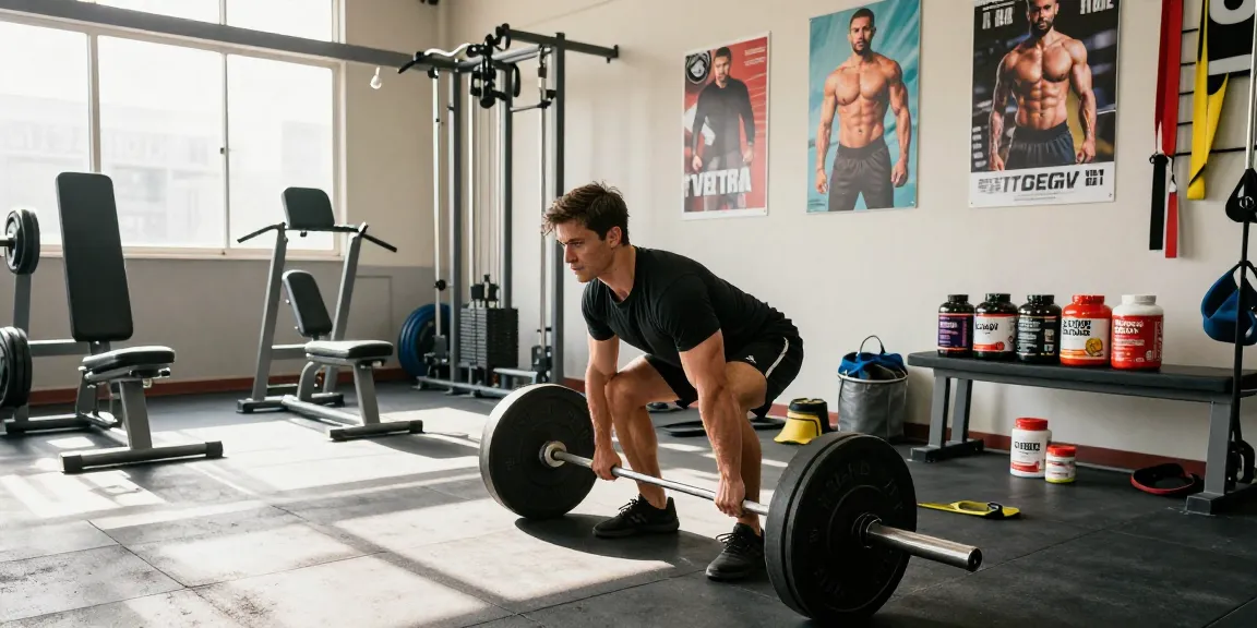 Kraftsportler hebt Gewichte im von Steroidshop inspirierten Fitnessstudio für Muskelwachstum