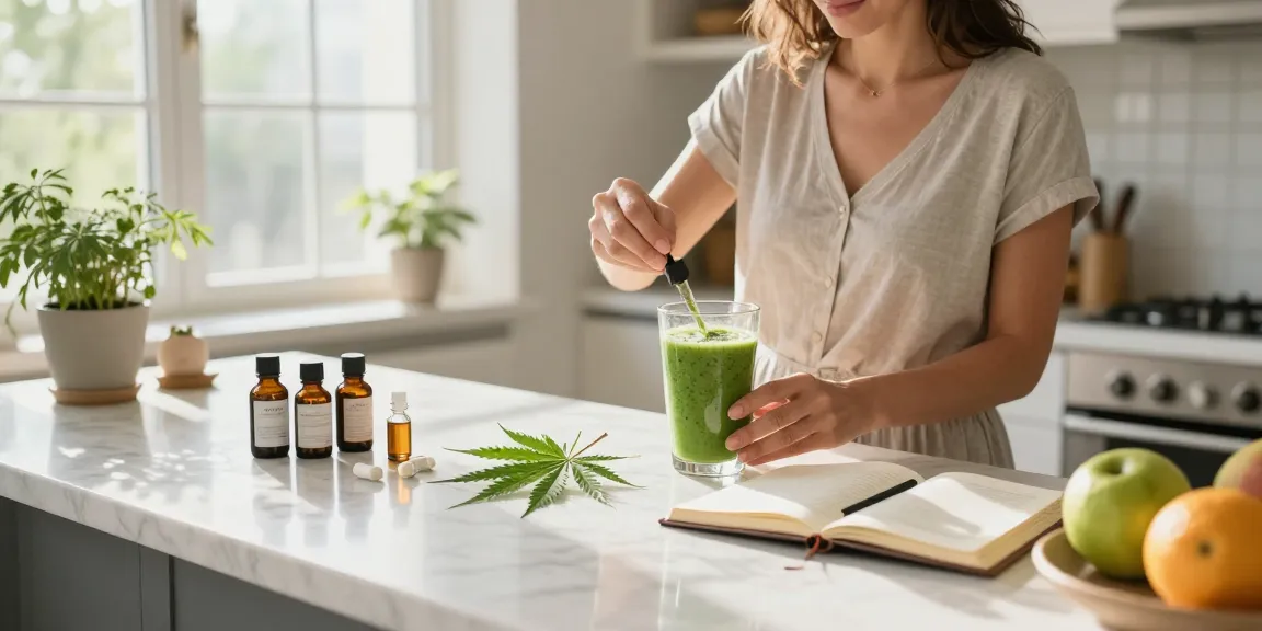 official Ministry of Cannabis high-quality CBD oil in morning wellness routine, organic and natural atmosphere with hemp plants and health products.