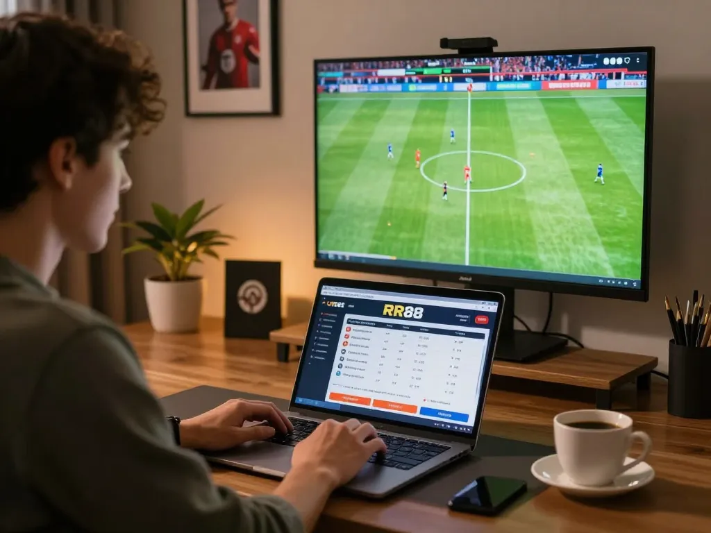Online sports betting enthusiast using RR88 interface on laptop during live match.
