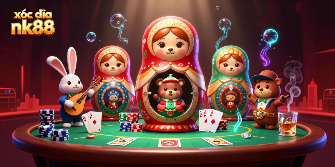 Xóc đĩa nk88 illustration showcasing playful bears and a balalaika rabbit in a vibrant casino environment.
