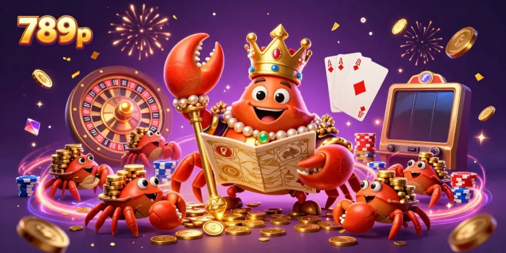 Experience the excitement of 789p’s casino with a dynamic illustration of a golden crab emperor amidst sparkling gems and golden coins.