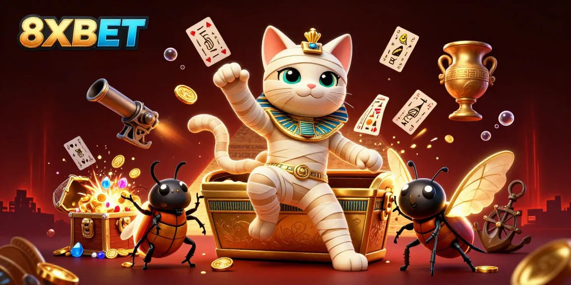 Experience the thrill of 8XBET with an Egyptian mummy cat and treasures galore in this vibrant illustration.
