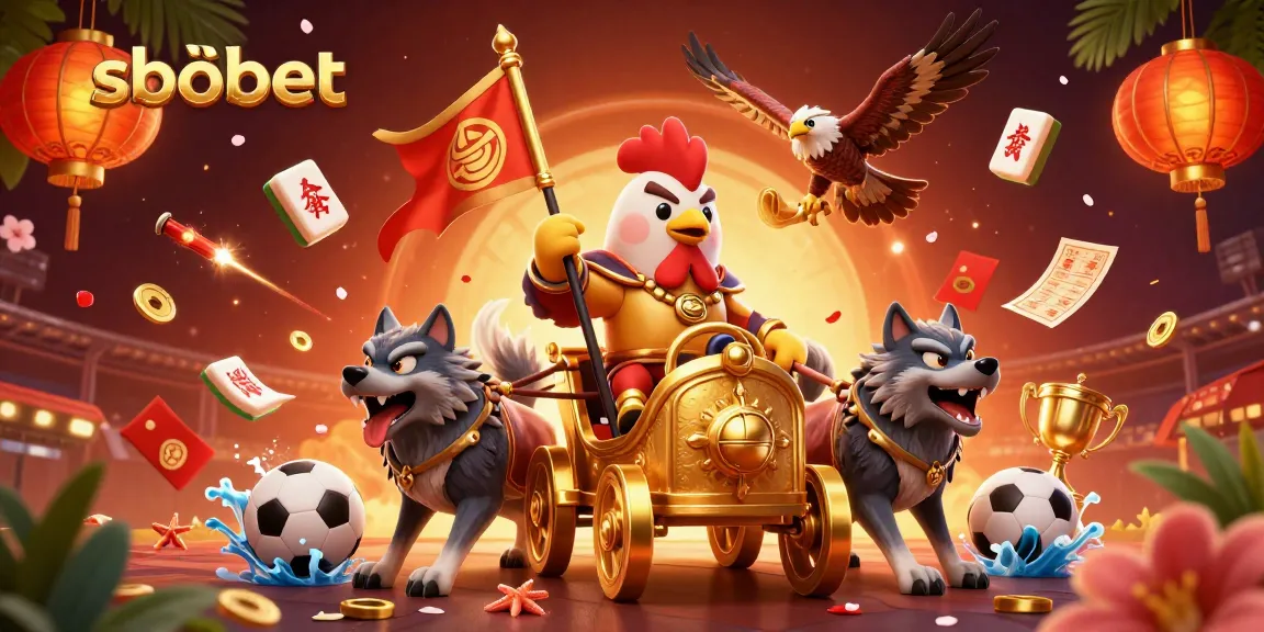 Experience sbobet betting excitement with a 3D rooster warlord surrounded by sports elements and dynamic energy.