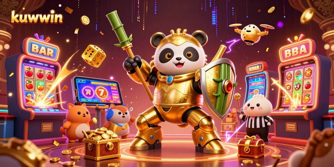 Kuwin showcases thrilling casino excitement with dynamic gaming elements and a golden panda mech in a vibrant 3D scene.