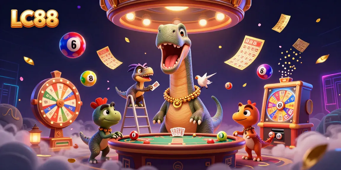 LC88 features a 3D brontosaurus towering over a vibrant casino scene, blending fun and engagement.