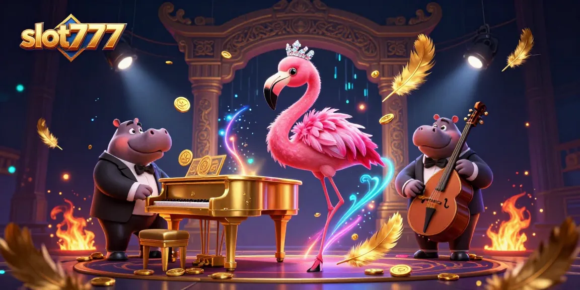 Engage with slot777 on vibrant 3D casino scene featuring a cartoon flamingo and hippo, captivating players.