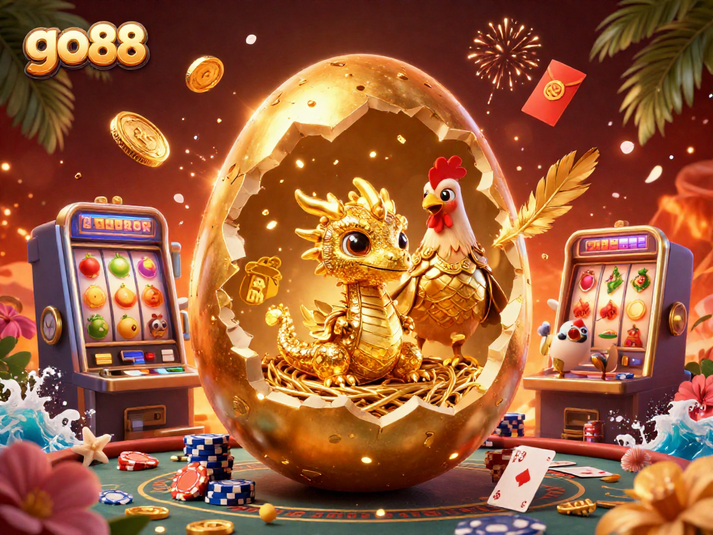 Spin the reels with go 88's vibrant casino scene featuring a golden egg and lucky symbols.