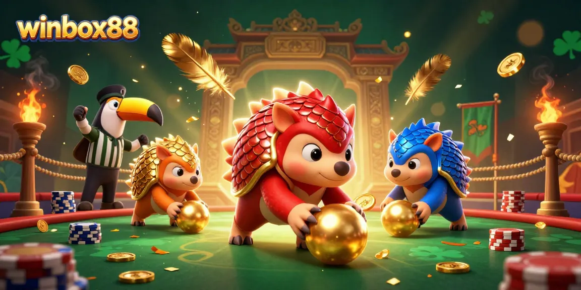 Spin the reels with winbox88 as pangolins battle through poker chips in a dynamic casino scene.