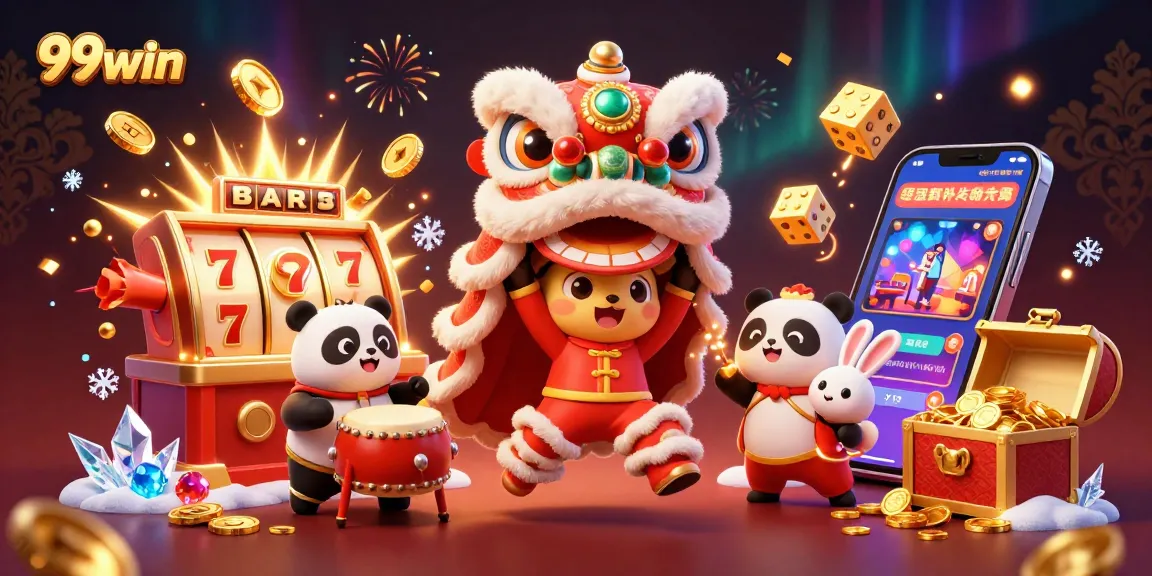 Experience thrilling wins with 99win in this dynamic casino scene featuring exciting symbols and characters.
