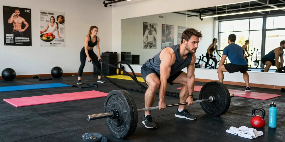 Fitness enthusiasts training hard in a vibrant gym atmosphere with Anabolika Shop supplies and equipment.