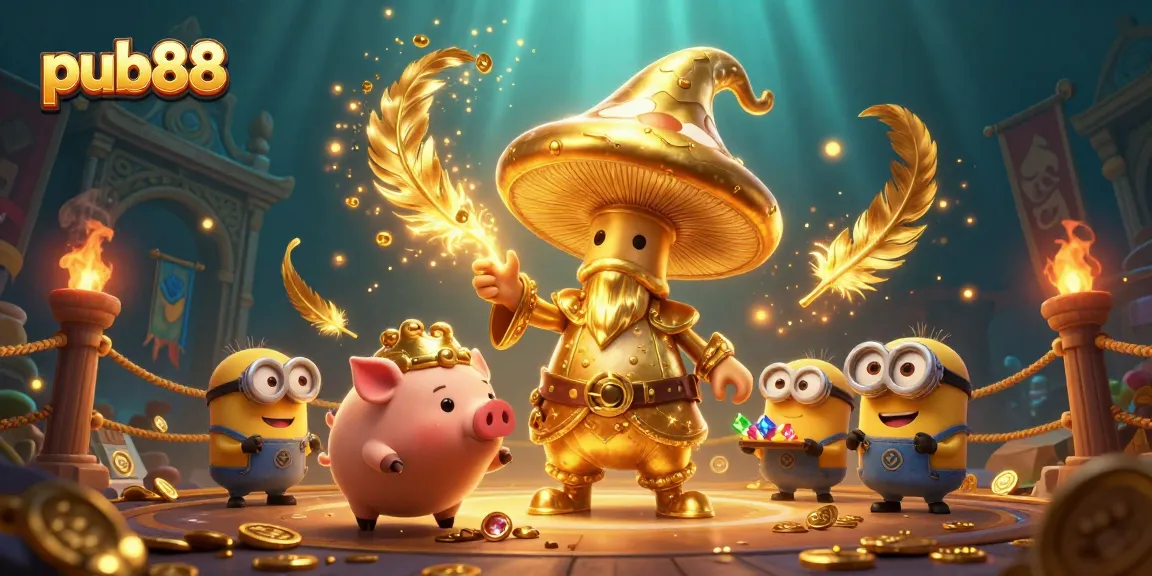 Experience excitement at pub88 with a whimsical scene of magical winning treasures and casino elements.