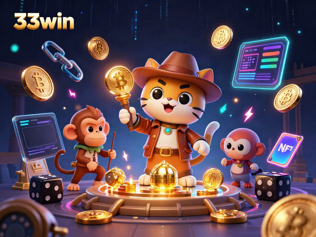 Engage in thrilling discoveries with 33win as the archaeologist cat unlocks casino treasures surrounded by glowing crypto elements.