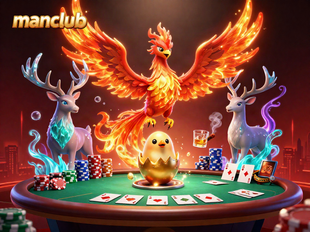 Engage in thrilling gaming at Manclub with a vivid illustration featuring a phoenix and dynamic poker scene.