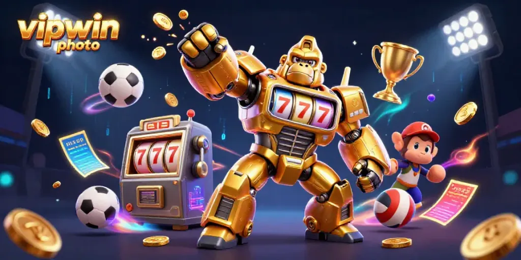 Experience excitement with vipwin photo featuring a golden gorilla mech from slot machines, celebrating with dynamic sports elements.