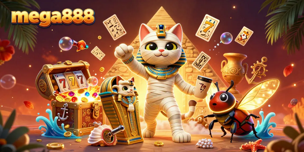 Mainkan mega888 dengan gembira sambil dikelilingi oleh kucing mummy 3D dan elemen kasino berlapis.
