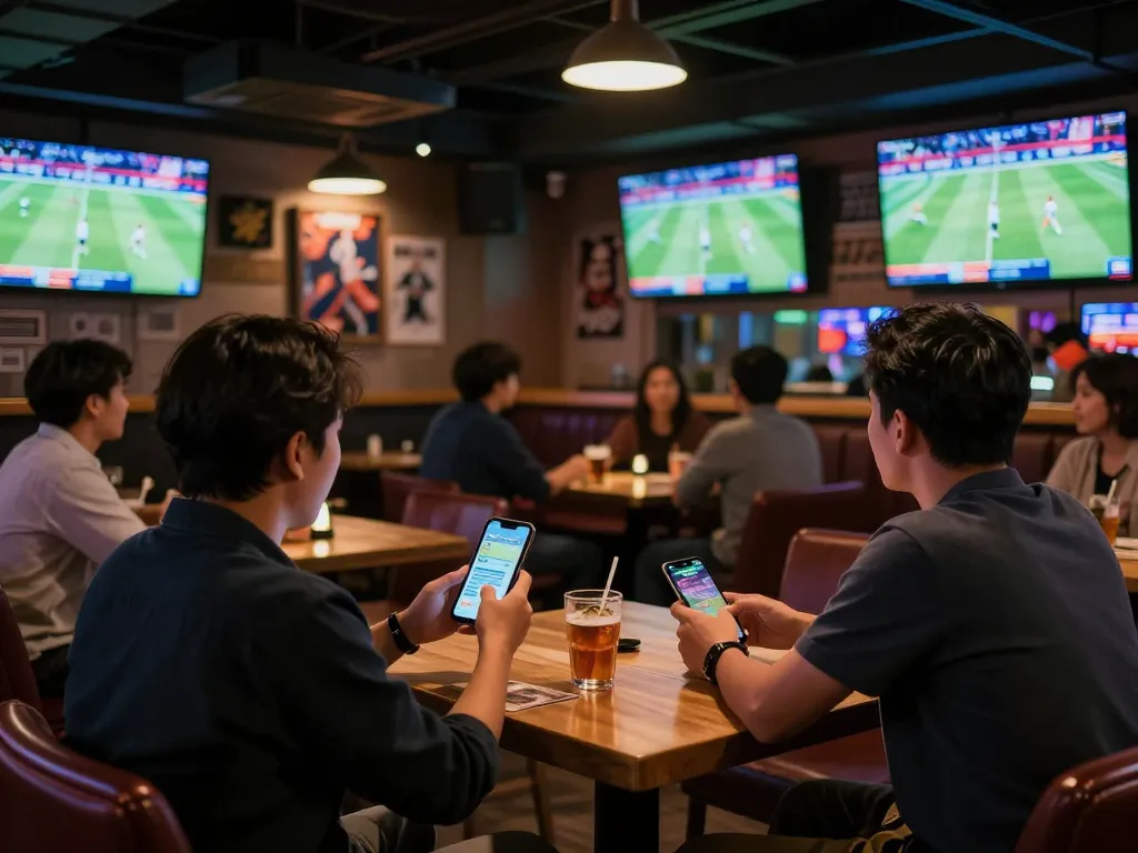 Clients engagés dans un bar sportif utilisant leurs téléphones pour parions sport virement instantané pendant les matchs en direct.
