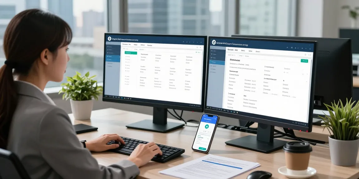 Businesswoman utilizing an age verification system in a modern office setting.