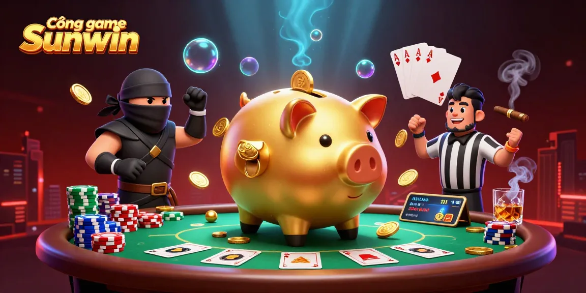 Cổng game Sunwin showcases a dynamic 3D scene with a golden piggy bank sumo wrestler, a wallet-ninja, and a credit-card samurai referee amidst poker chips and cards.