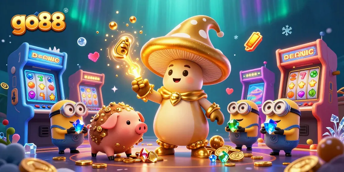 Engage with go88's exciting gaming experience through vibrant golden magical visuals and casino-themed elements.