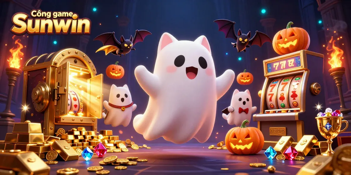 Cổng game Sunwin invites players to enjoy a vibrant scene of casino excitement filled with animated ghost cats and treasures.