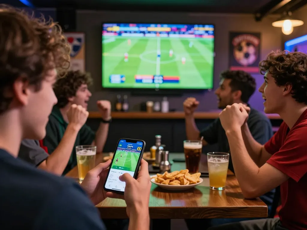 Betting on football matches with 7m-7m mobile app in a lively sports bar atmosphere.
