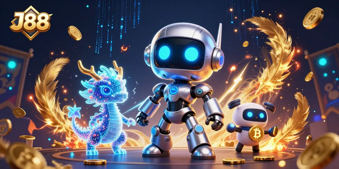 Engaging J88 casino scene featuring a cyberpunk robot, AI dragon, and bitcoin drone.
