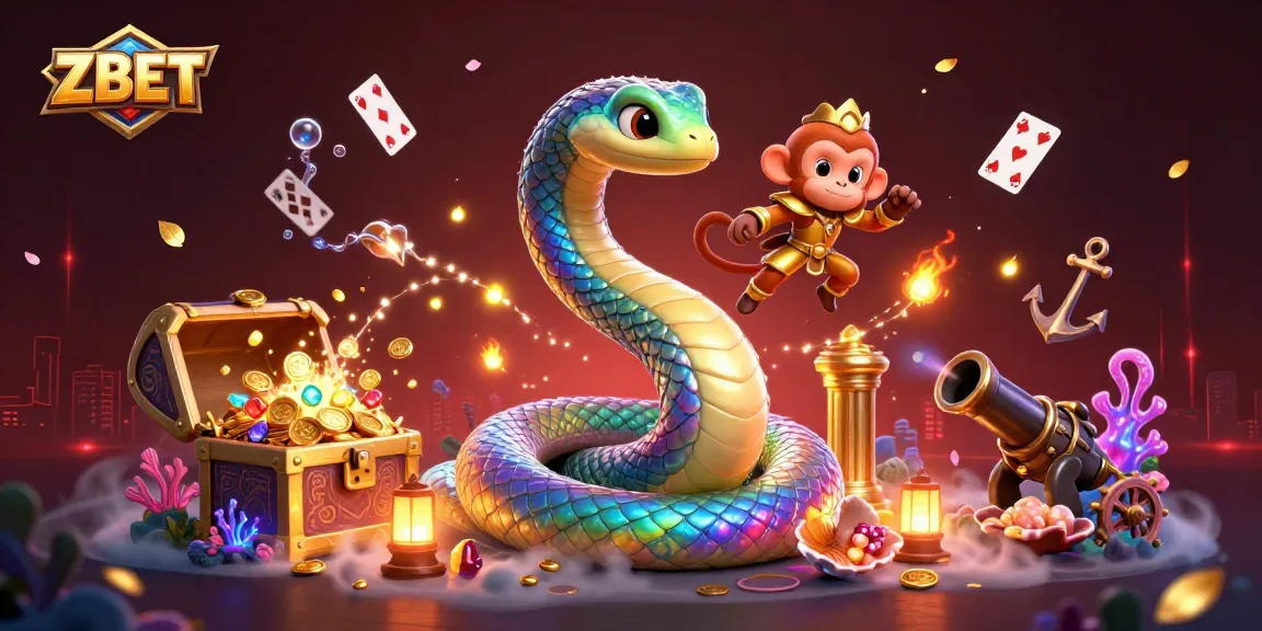 ZBET showcases an ultra-detailed 3D serpent and monkey king amidst a vibrant casino world filled with treasure.