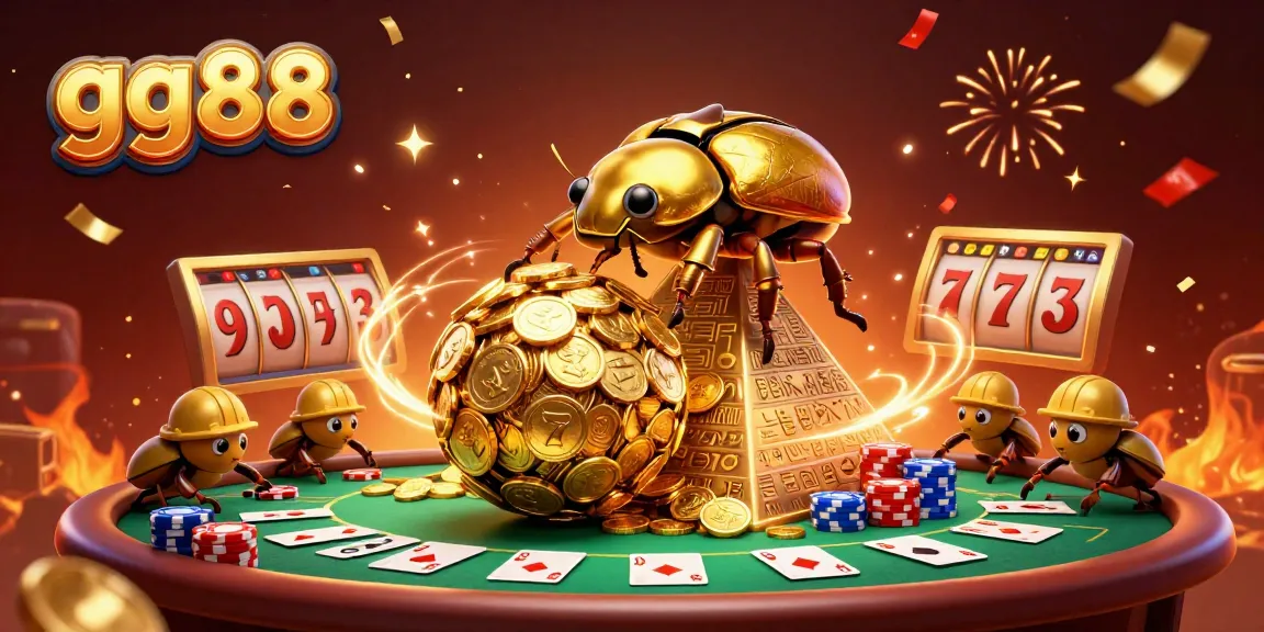 Spin the reels at gg88 with thrilling jackpot slots amid celebration as beetles push golden coins.