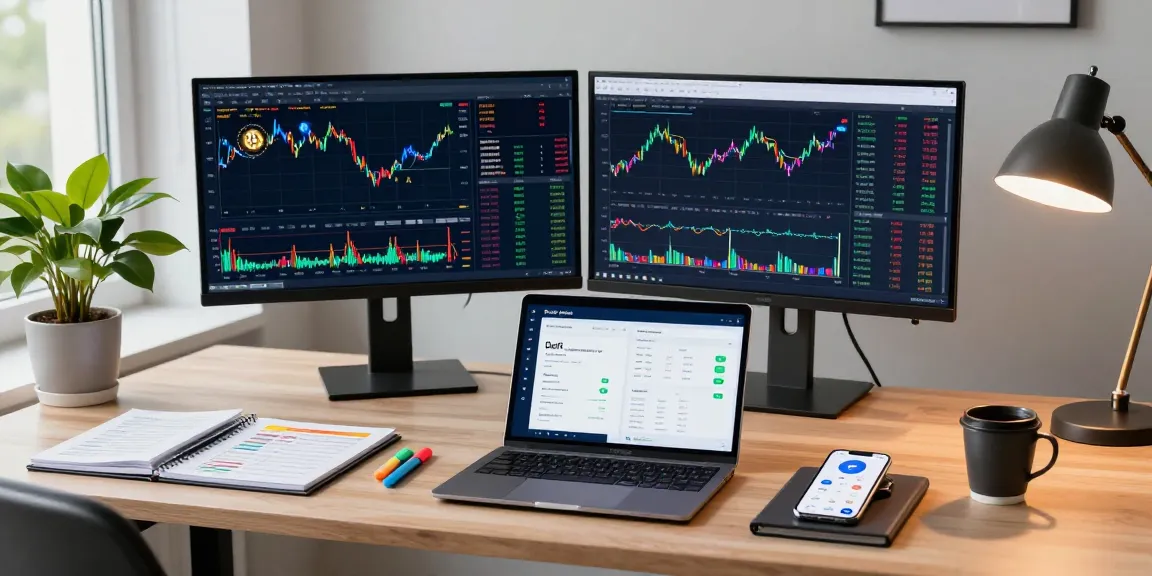 Funexchange cryptocurrency trading workspace with dual monitors showing advanced Bitcoin analysis and DeFi dashboard, highlighting a secure digital wallet experience.