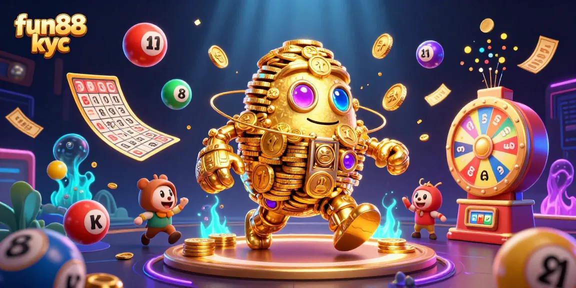Tham gia cá cược tại Fun88 KYC với hình ảnh golem vàng từ những đồng xu và bóng xổ số đầy màu sắc