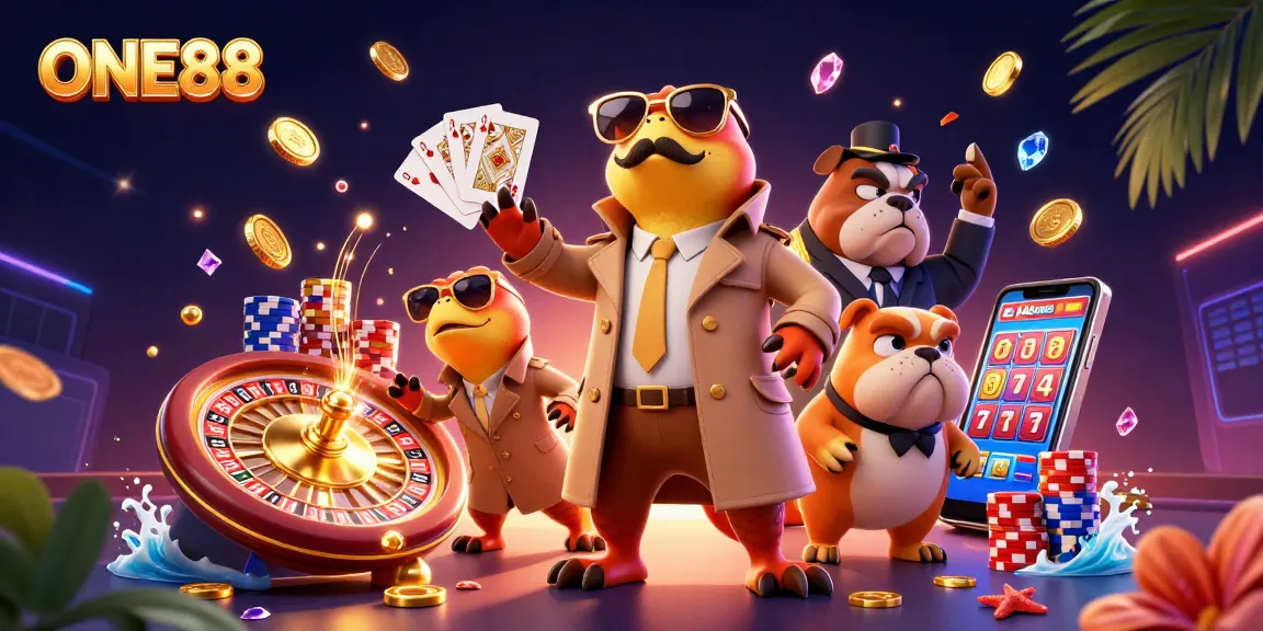 Experience the thrill at ONE88 with lively raptors in a trench coat entering a luxurious casino.