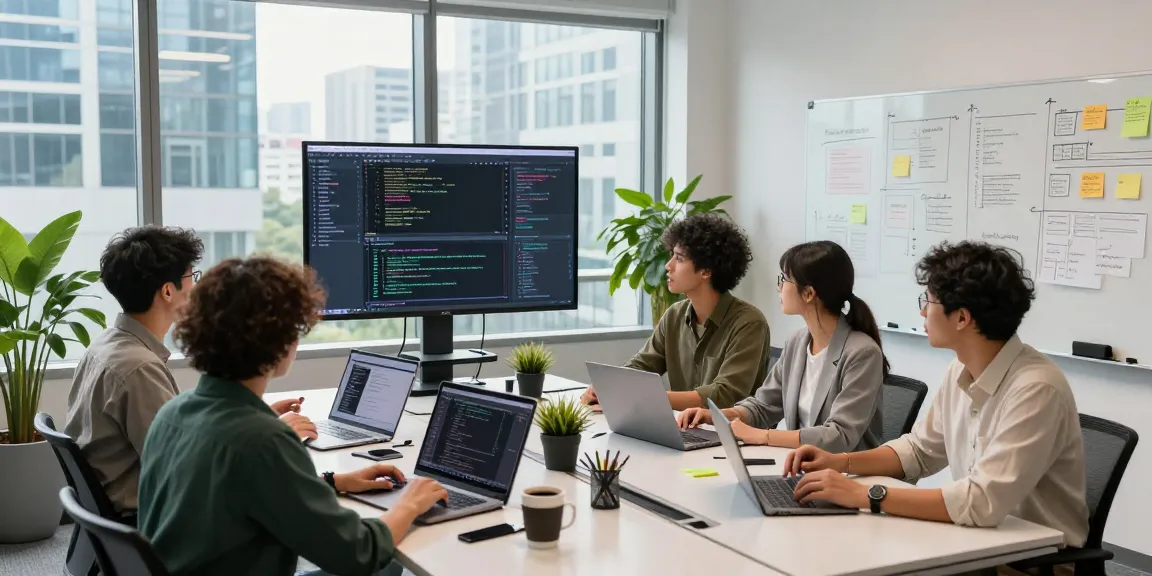 Collaborative software engineering scene at teiegramin.com workspace showcasing teamwork.