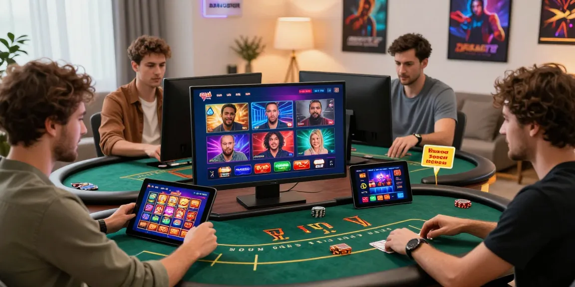 Scena di gioco emozionante con giocatori che si divertono con i giochi del casino non AAMS su dispositivi moderni in un'atmosfera domestica vivace.