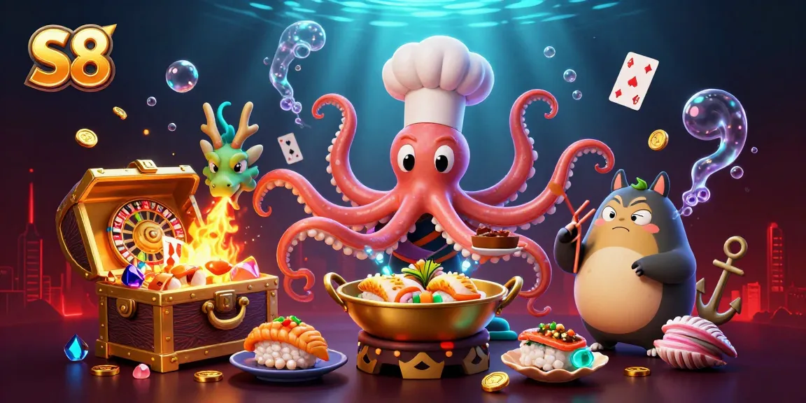 S8 engages players with vibrant golden dishes and dynamic game elements in a colorful online casino scene.