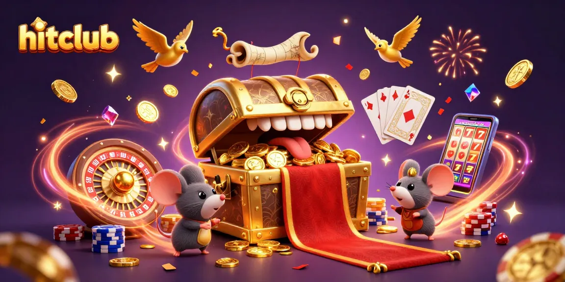 Experience the thrill of hitclub with a vibrant 3D casino scene featuring a treasure chest and sparkling casino elements.