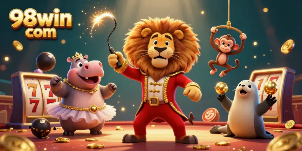 Experience thrilling games on 98win com with a lively circus theme of animated characters and casino elements.