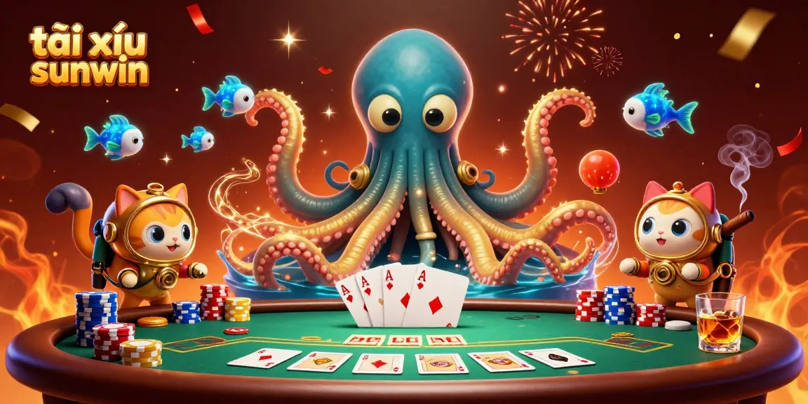 Experience the excitement of tài xỉu sunwin with a vibrant 3D kraken, diving cat, and poker elements.