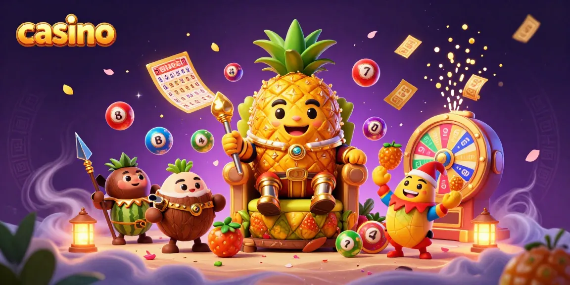 Engaging casino scene showcasing a golden pineapple king with lottery elements and vibrant energy for online play.