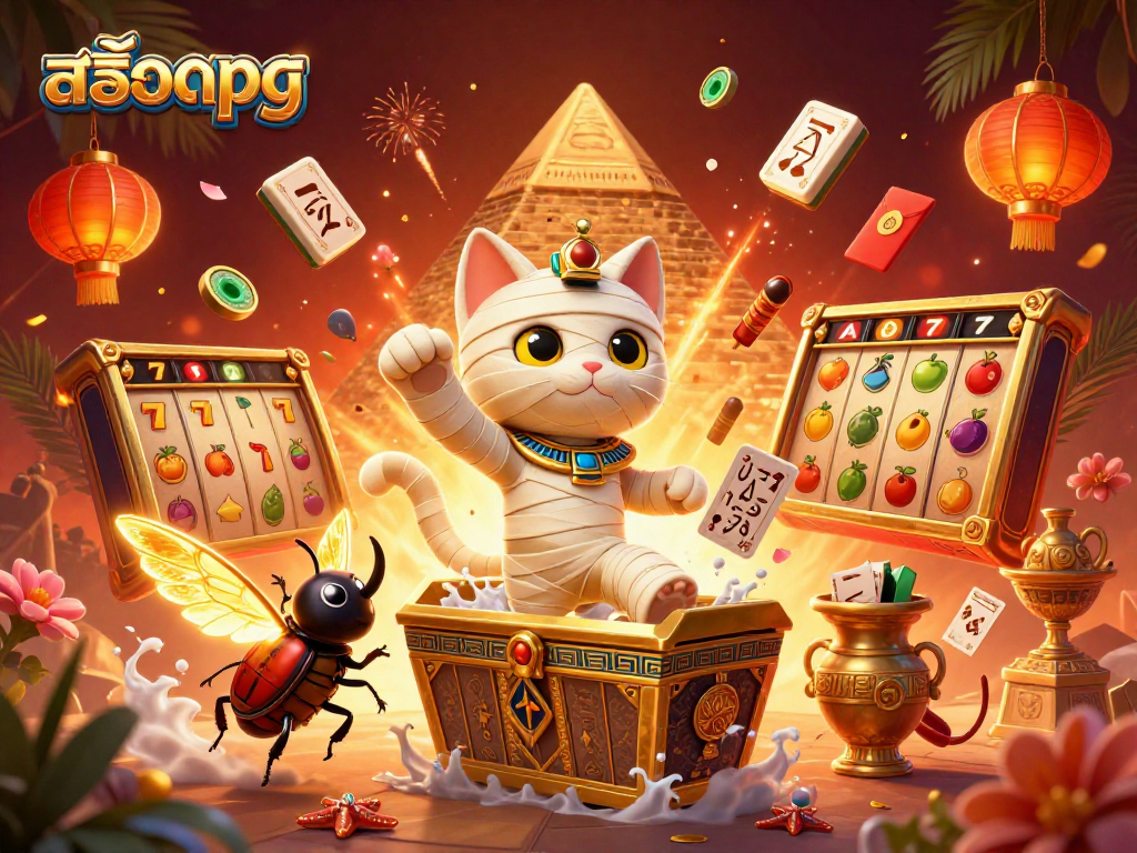 Play สล็อตpg in this vibrant casino scene where an Egyptian mummy cat reveals jackpot excitement amidst energetic game elements.