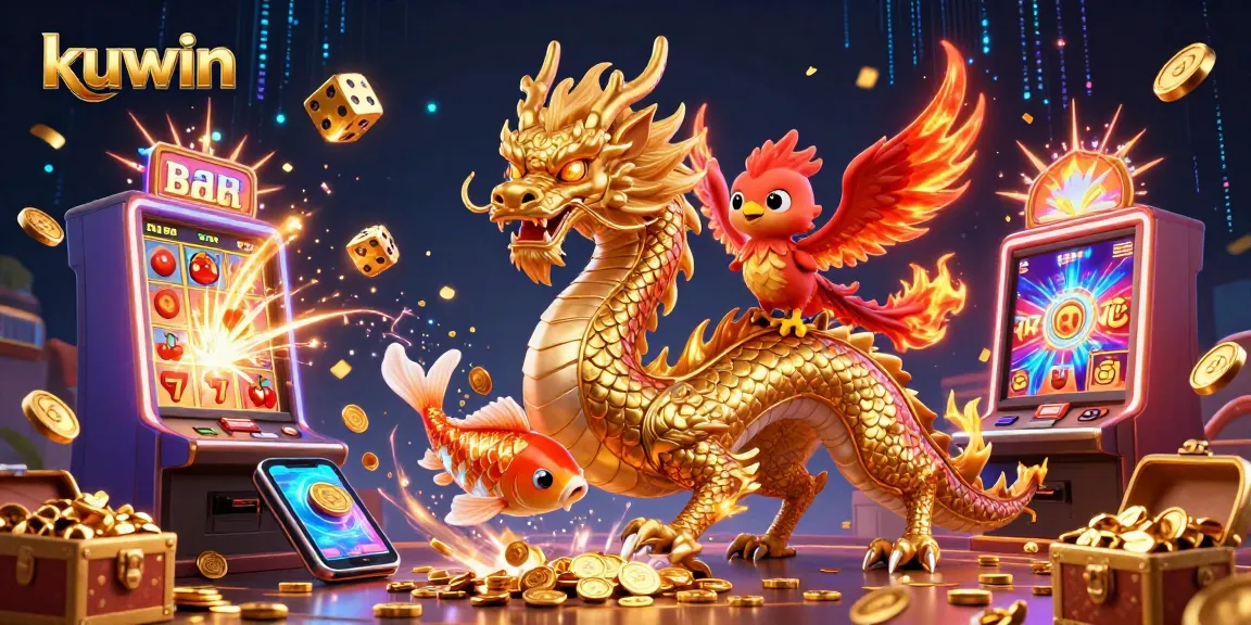 Engage in thrilling games at kuwin, where a golden dragon and phoenix celebrate big wins with exciting casino elements.