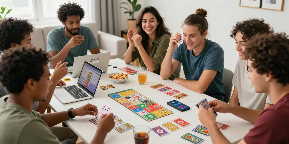 Engaging moment of friends enjoying card games on the Rikvip platform in a lively home setting.