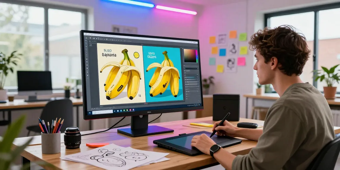 Artist utilizing Nano Banana AI in a vibrant creative studio atmosphere.