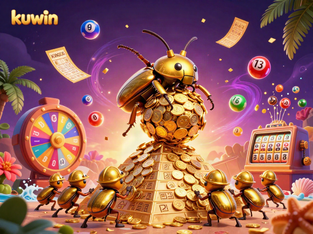 Experience the exciting world of kuwin as a golden beetle rolls in a vibrant casino atmosphere representing various games.