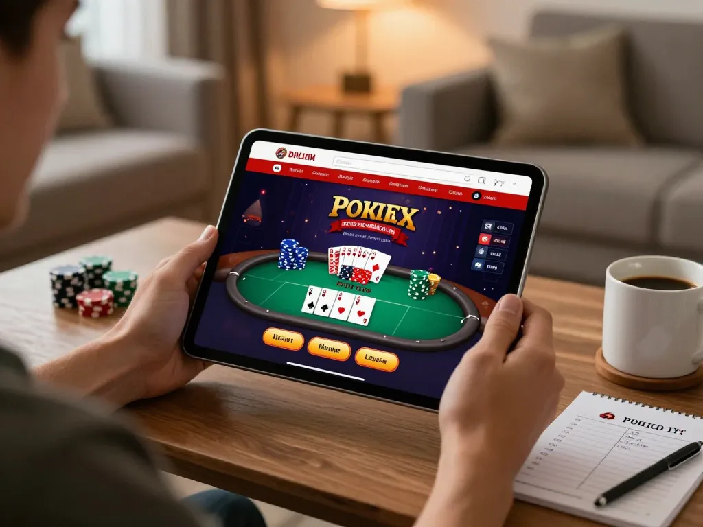 79win player engaging with online poker game on tablet, showcasing gaming strategy in cozy setting.