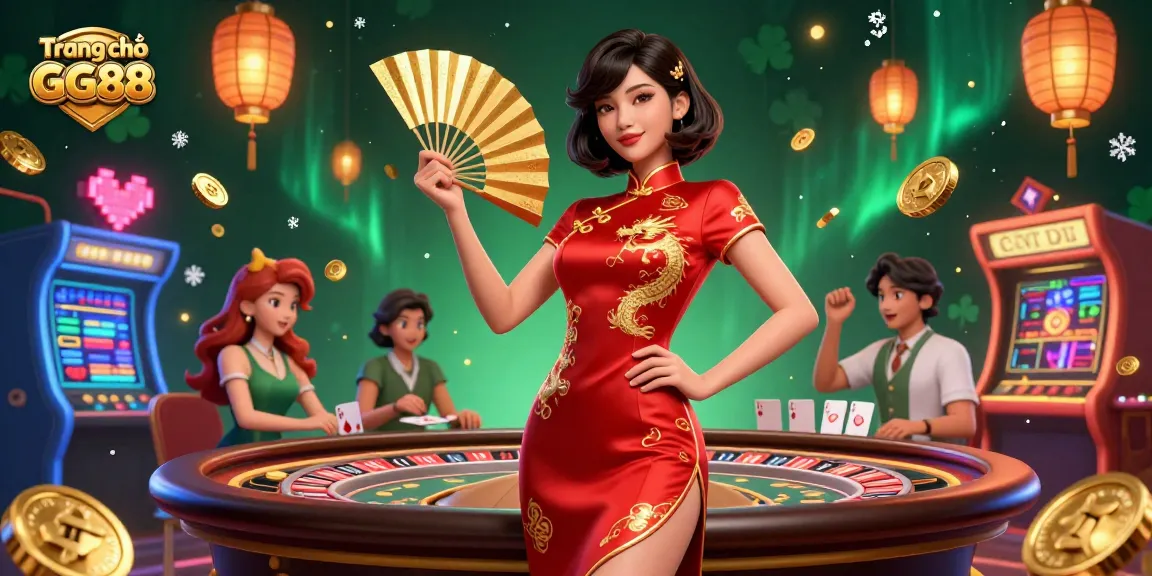 Engage with the vibrant world of Trang chủ GG88, featuring a stunning Asian character in an elegant qipao amidst casino elements.
