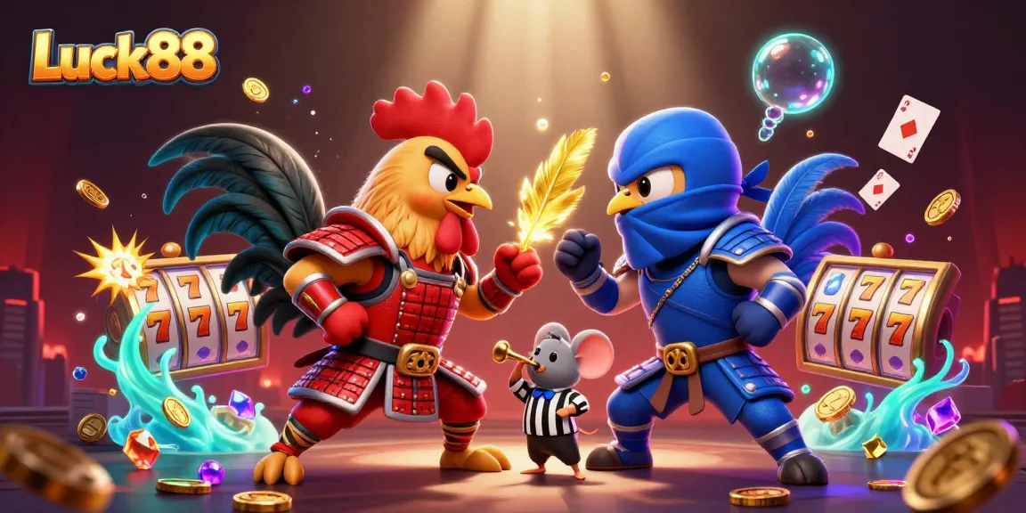 Experience the excitement of Luck88 with intense roosters battling in a vibrant casino-themed scene.