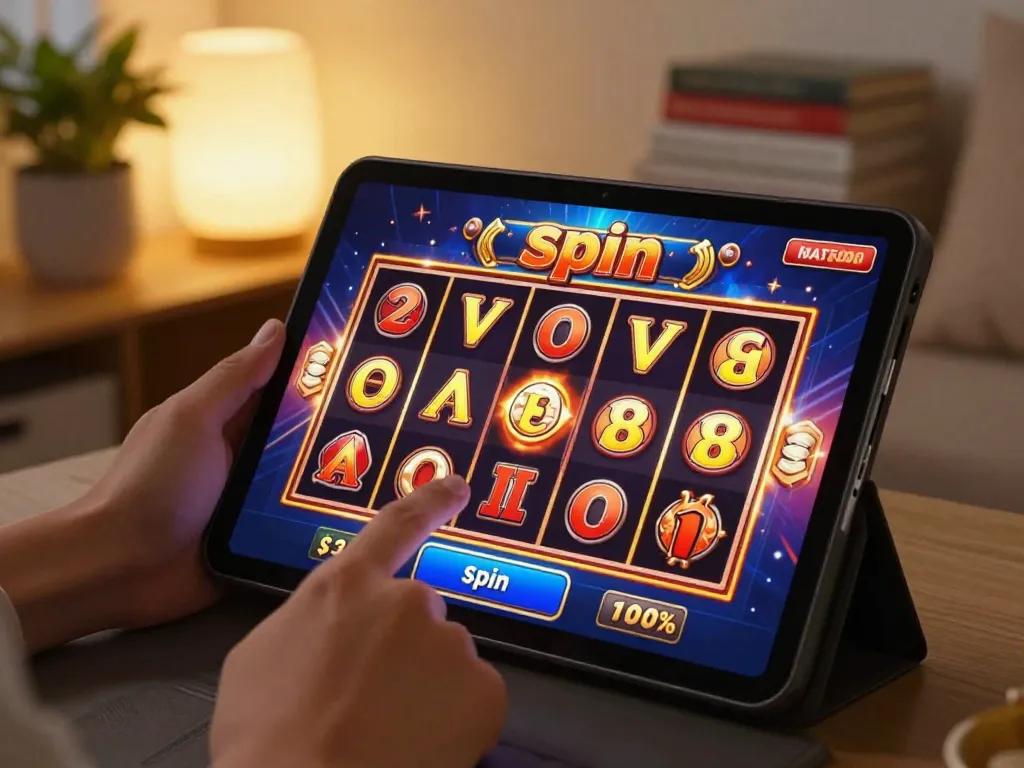 rr88 player eagerly spins online slots in cozy home setting